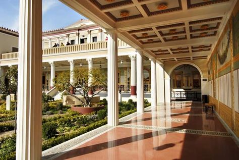 Photograph:The Getty Villa in Malibu, Calif., -- a colonnade around a central garden inspired by a Roman villa. Los Angeles Architecture, Architecture Blueprints, Getty Villa, Pompeii And Herculaneum, Living Museum, Getty Museum, California Dreaming, California Travel, Happy Place