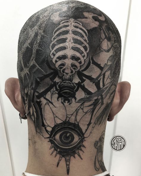 Dark head tattoo Neck And Head Tattoo Men, Cyberpunk Head Tattoo, Head Tattoos Side, Top Head Tattoo, Back Head Tattoo Men, Full Head Tattoo Men, Back Head Tattoo, Full Head Tattoo, Head Tattoos For Men