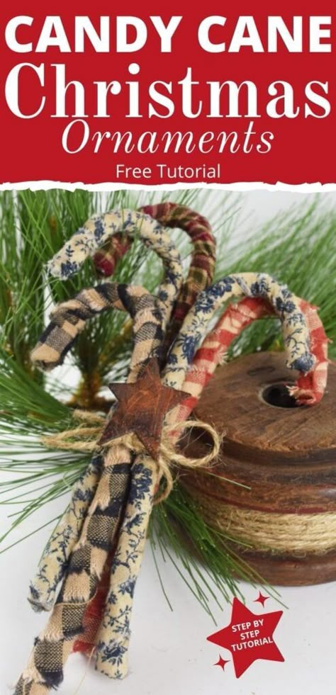 Diy Christmas Ornaments Rustic Country, Rustic Christmas Diy Crafts, Christmas Crafts For Selling, Rustic Farmhouse Christmas Tree Ornaments, Homemade Christmas Tree Ornament, Primitive Christmas Tree Ornaments Diy, Diy Primitive Ornaments, Rustic Candy Canes Diy, Primitive Christmas Ornaments To Make