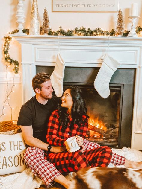 Fireplace Photoshoot, Indoor Christmas Photos, Cheesy Christmas Movies, Two Christmas Trees, Christmas Couple Pictures, Christmas Poses, Flocked Tree, Christmas Family Photoshoot, Christmas Card Pictures