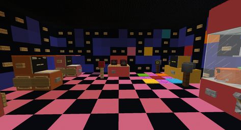 Minecraft Mall Interior, Minecraft Arcade Ideas, Arcade Minecraft, Minecraft Casino, Minecraft Arcade, Fnaf Minecraft, Carnival Tent, Minecraft Idea, Arcade Room