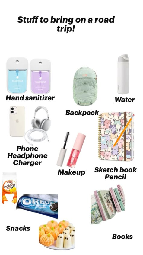 Long Road Trip Essentials For Teens, Road Trip Stuff, Road Trip Supplies, Trip Necessities, Trip Essentials Packing Lists, Road Trip Necessities, Road Trip Bag, Road Trip Kit, Bestie Board