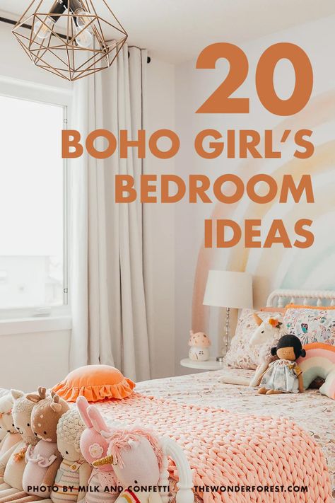 20 Boho Girl's Bedroom Ideas - Wonder Forest Bedroom Boho Decor Ideas, Boho Horse Bedroom, Flower Bedroom Ideas For Kids, Wildflower Toddler Girl Room, Boho Unicorn Bedroom, Girls Boho Bedroom Ideas, Whimsical Bedroom Kids, Toddler Girl Room Themes, Boho Toddler Girl Room