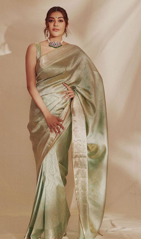 Powder Blue Saree, Engagement Saree, Blue Silk Saree, Kajal Agarwal, Indian Fashion Saree, Saree Designs Party Wear, Indian Dresses Traditional, Saree Design, Saree Blouse Designs Latest