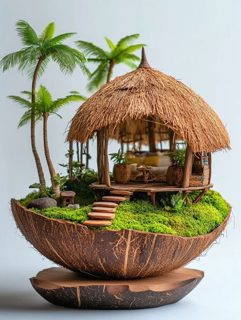 Mini Mosaics Ideas, Nest Craft, Miniature Garden Ideas, Diy Bamboo, Coconut Shell Crafts, Fairy House Crafts, Fairy Garden Crafts, Fairy Homes, Bamboo Crafts