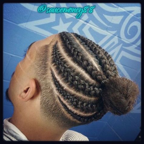 Men Braid Ponytail, Man Bun With Braids, Drop Fade Braids, Box Braids With Fade, Ponytail Undercut, How To Do Cornrows, Cornrows Ponytail, Long Cornrows, Man Hairstyle