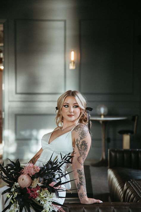 Rock n roll bride, tattoo bride Wedding Dress Tattooed Bride, Wedding Dress With Tattoos Brides, Tattooed Bride Classy, Wedding Dress Tattoos Brides, Tatooed Brides, Tatted Bride, Tattoo Wedding Dress, Punk Bride, Bride With Tattoos