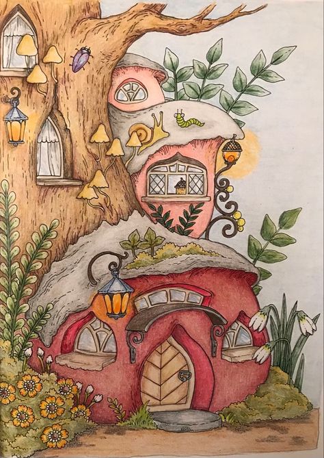 Fairy Village Drawing Tree Houses, Knome Houses Drawing, Imaginative Drawing Ideas, Fantasy Garden Drawing, Fantasy Houses Art Drawings, Fairy Town Drawing, Gnome Garden Drawing, Fairy House Watercolor, Magic Garden Drawing