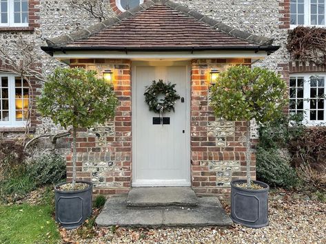 Brick House Exterior Makeover, Country Front Door, Cottage Front Doors, Cottage Porch, Tiled Floors, English Country Cottage, Cottage Door, Cottage Aesthetic, Front Porch Design