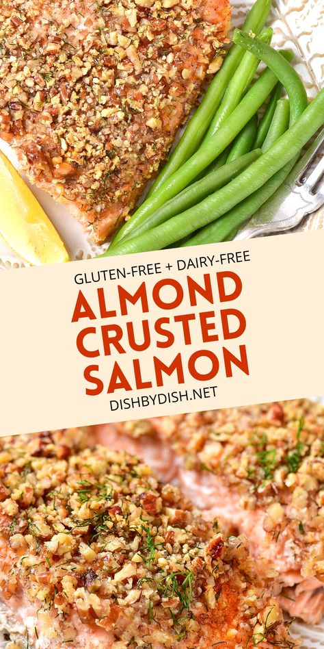 Collage of images of almond crusted salmon. Baked Salmon Dairy Free, Nut Crusted Salmon Recipes, Gluten Free Dairy Free Fish Recipes, Low Fat Salmon Recipes, Low Fodmap Salmon Recipes, Salmon Almondine, Fish Almondine Recipe, Salmon Recipes Gluten Free, Dairy Free Salmon Recipes