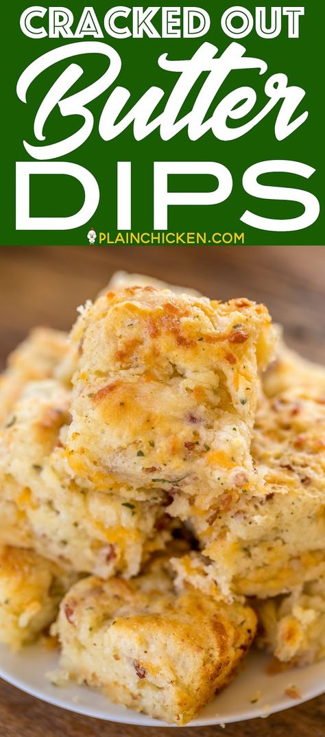 Cracked Out Butter Dips - biscuits loaded with cheddar, bacon and ranch! Only 8 simple ingredients! You probably have them in your pantry right now! No-kneading at all! Just mix dough together and pat down in pan. Ready in under 15 minutes! Everyone RAVES about these easy biscuits!! Great with dinner or for breakfast. YUM! #biscuits #bacon #breadrecipes Butter Dips, Casserole With Biscuits, Easy Biscuits, Cracked Out, Breakfast Casserole With Biscuits, Easy Biscuit Recipe, Pizza Crusts, Biscuit Bread, Easy Butter