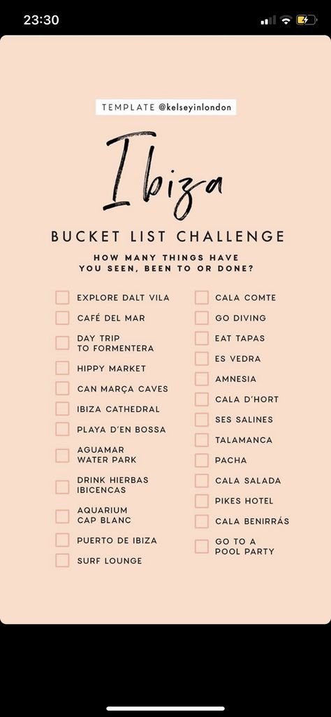 Template Kelseyinlondon, Kelsey In London, Things To Do In Ibiza, Bucket List Challenge, Paris Bucket List, Ibiza Travel, List Challenges, Ibiza Spain, Travel Wishlist