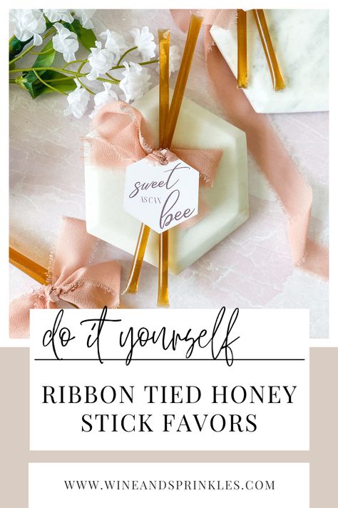 How to make chiffon ribbon tied honey stick favors with matching hexagon tags for parties, events, showers, and weddings Honey Sticks Wedding Favor, Honey Baby Shower Favor, Christian Christmas Crafts, Tea Bag Favors, Food Wedding Favors, Inexpensive Wedding Favors, Bridesmaid Gifts Unique, Tea Party Favors, Honey Sticks