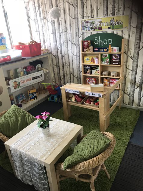 Shop home corner Home Corner Classroom, Early Years Room Ideas, Home Corner Preschool, Classroom Home Corner, Shop Corner Preschool, Home Corner Ideas Childcare, Home Corners Ideas Early Years, Fantasy Corner Preschool, Early Years Home Corner Ideas