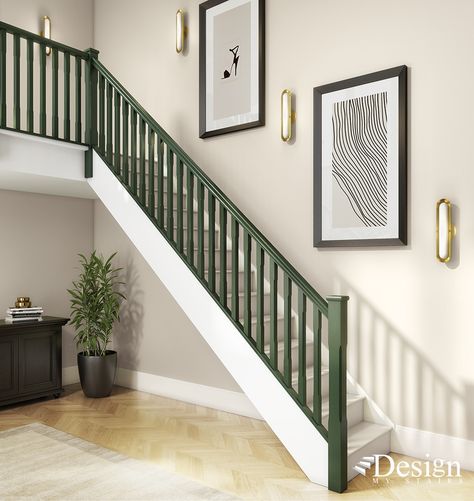 Green Stair Railing, Stair Renovation, Contemporary Staircase, Painted Stairs, Wooden Staircases, Wooden Stairs, Staircase Railings, Modern Staircase, Stair Railing