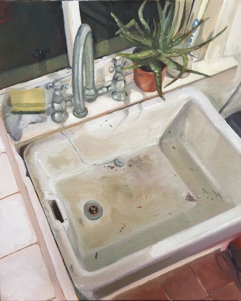 Kitchen Sink Drawing, Painting Of Bathroom, Sink Drawing, Kitchen Drawing, Watercolor Paintings For Beginners, Mirror Painting, Gcse Art, Realism Art, Ap Art