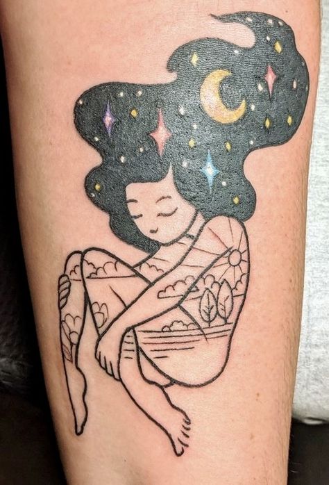 Mother Earth Tattoo Nature, Mother Nature Tattoo, Mother Earth Tattoo, Celestial Tattoos, Watercolor Galaxy Tattoo, Sky Tattoos, Earth Tattoo, Astronaut Tattoo, Balloon Tattoo