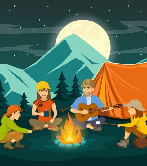 24 Camp Songs For Kids To Sing Around The Campfire Camping Songs For Kids, Campfire Drawing, Drawing Of People, Camping Cartoon, Camping Illustration, Fire Animation, Camp Songs, Curious Kids, Family Drawing