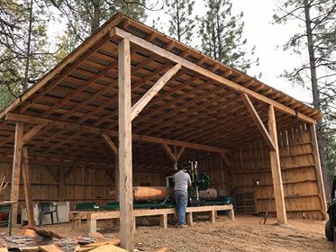 Sawmill Shed, Saw Mill Diy, Sawmill Projects, Small Barn Plans, Sawmill Lumber, Portable Saw Mill, Firewood Storage Outdoor, Timber Frame Plans, Pole Barn Garage