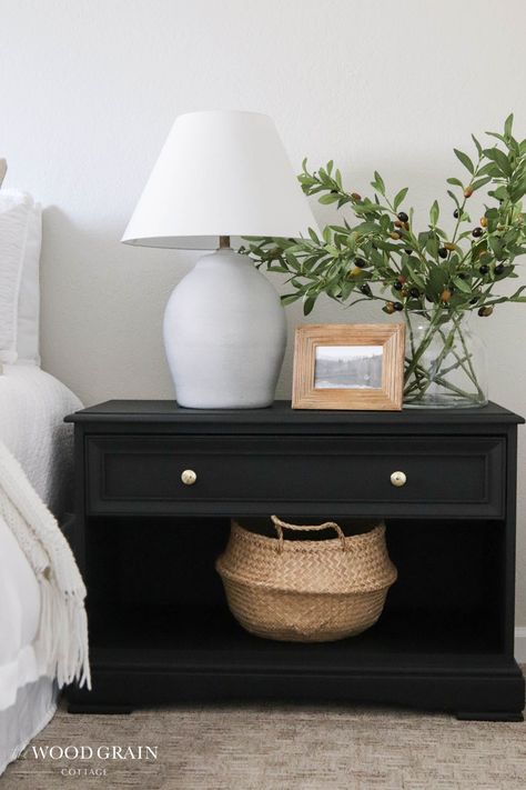 Bedroom With Navy Nightstands, Bamboo Nightstand Bedside Tables, Nite Stands Bedside Tables, Bedroom With Dresser As Nightstand, Bedroom Night Table Decor, Black Night Stand Decor, Dark Wooden Nightstand, Redone Night Stands, Redo Night Stands