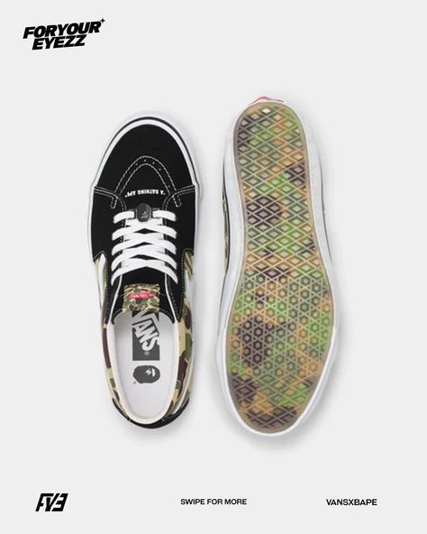 Bape and Vans have joined forces to revamp the classic Vans old skool and Sk8 mid styles. The fusion of these renowned brands brings together their unique street culture influences, offering a fresh perspective on the traditional Vans design. Adorned with the iconic camo prints from BAPE and paired with the rubber and fabric elements of the old Skool Vans, the result is a striking new aesthetic. Is it possible that a matching apparel line is on its way?? Vans Design, Camo Prints, Old Skool Vans, New Aesthetic, Classic Vans, Fresh Perspective, Van Design, Street Culture, Vans Old Skool