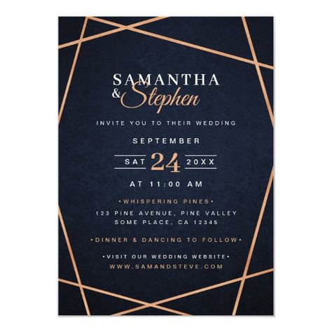 Stylish Navy Blue & Copper Geometric Wedding Invitation Copper Navy Wedding, Navy And Copper, Geometric Wedding Invitation, Navy Blue Wedding Invitations, Wedding Invitation Size, Navy Wedding Invitations, Modern Wedding Invitation, Copper Wedding, Geometric Wedding