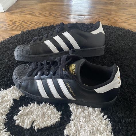 super nice brand new black adidas superstars size... - Depop Black Adidas Superstar, All Black Sneakers Adidas, Superstars Black Shoes, Black Adidas Shoes Superstar, Adidas Superstar Black, Adidas Superstar Supercolor, Superstar Outfit, Black Superstar, Adidas Originals Superstar