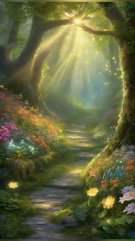 Painting Enchanted Forest, Fairy World Background, Enchanted Forest Pictures, Forest Fairy Background, Enchanted Forest Drawing, Fairy Forest Aesthetic, Magical Forest Aesthetic, Fairy Path, Forest Fairy Aesthetic