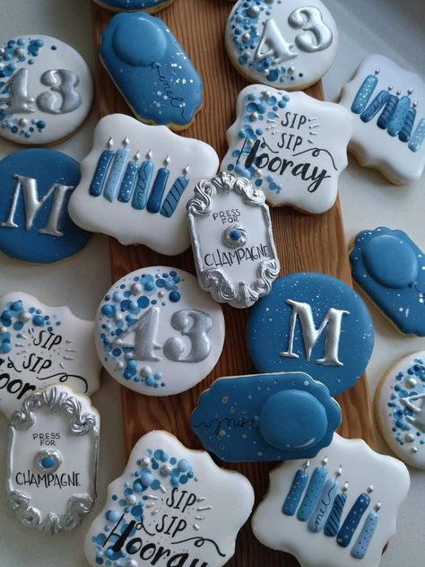 Blue Decorated Cookies, Blue Cookies Decorated, Cookie Techniques, Happy Birthday Cookie, Happy Birthday Blue, Happy Birthday Boy, Cookies Theme, Cookie Decorating Party, Blue Cookies