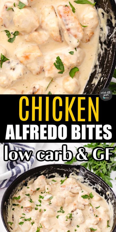 Low Carb Chicken Alfredo (No Pasta) - Whole Lotta Yum Chicken Alfredo No Pasta, Skillet Chicken Alfredo, Low Carb Chicken Alfredo, Keto Chicken Alfredo, Keto Alfredo, Simple Chicken Alfredo Recipe, Whole Lotta Yum, Chicken Cubes, Chicken Alfredo Recipe