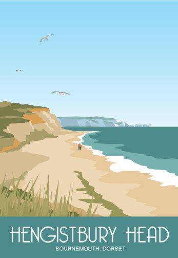 HENGISTBURY HEAD. Art print Travel poster of Hengistbury Head, Bournemouth, Christchurch, Dorset. Portrait A4, A3, A2 Retro Style Location Posters, Hengistbury Head, Christchurch Dorset, Head Art, Wood Postcard, Tourism Poster, Railway Posters, West Highland Terrier, Travel Illustration