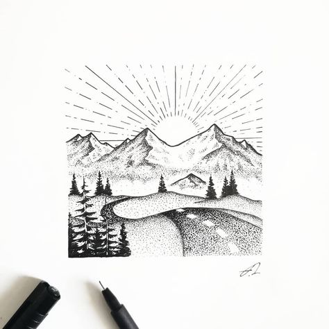 #mountainart #mountains #mountaindrawing #mountain #landscapeart #dotwork #stippling #stipple #dotart #fineart #blackwork Stippling Landscape, Doodle Mountains, Plaque Ideas, Stippling Drawing, Mountain Drawing, Mountain Illustration, Mountain Sunset, Easy Drawings Sketches, Mountain Art