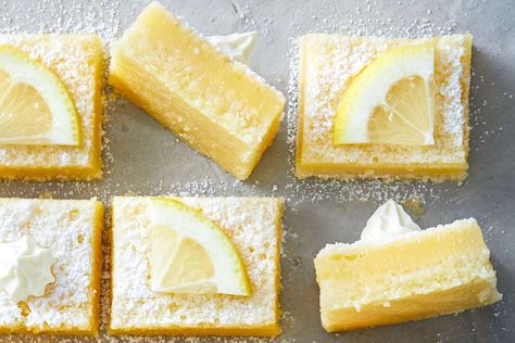 Serve these sweet little gluten-free lemon bars with vanilla ice-cream for a deliciously zingy dessert. Gluten Free Lemon Bars, Slice Recipe, Easy Gluten Free Desserts, Gluten Free Biscuits, Homemade Breads, Slices Recipes, Lemon Bars, Lemon Desserts, Lemon Slice