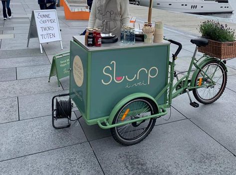 Soup Bikes Soup Shop Interior, Kiosk On Wheels, Coffee Bike Cart, Coffee Bike Design, Bicycle Food Cart, Coffee Booth, Walls Ice Cream, Bicycle Cart, Bicycle Cafe