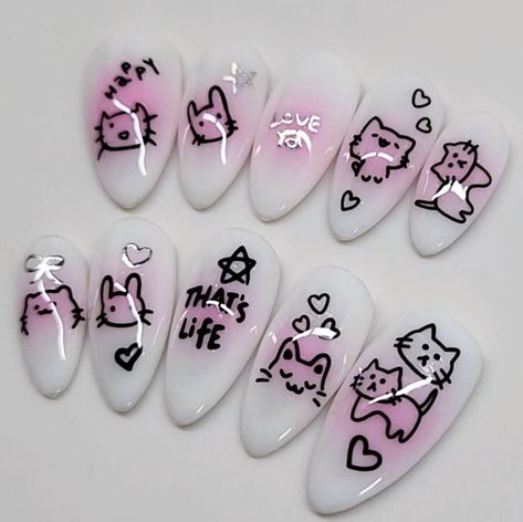 Doodle Nails, 2 Bunnies, Paznokcie Hello Kitty, Fake Nails Designs, Punk Nails, Cute Simple Nails, Anime Nails, Cat Doodle, Grunge Nails