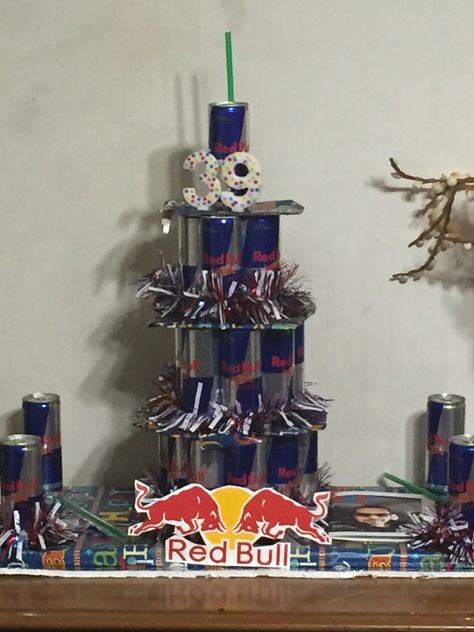 Red Bull Cake tower Redbull Birthday Gifts, Energy Drink Cake Tower, Red Bull Gift, Red Bull Cake, Cooler Cake, Bull Cake, Red Bull Merchandise, Birthday Present Ideas, Redbull Extreme Sports