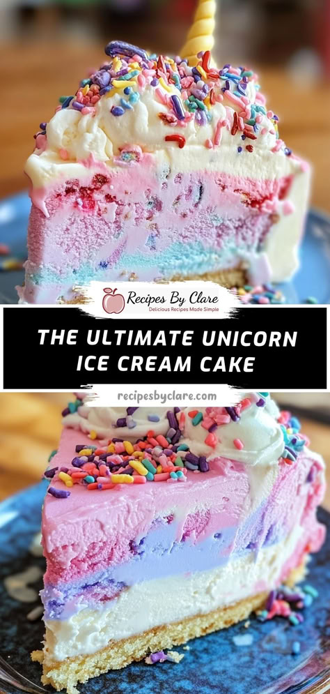 This vibrant Unicorn Ice Cream Cake is a magical treat, featuring layers of strawberry, mint chocolate chip, and blueberry ice cream, all topped with colorful whipped cream swirls, edible glitter, and sprinkles. Perfect for birthdays or any festive occasion!

Ingredients:

1 pint strawberry ice cream, softened
1 pint mint chocolate chip ice cream, softened
2 cups heavy whipping cream
Decorated with colorful whipped cream and edible glitter, this unicorn cake is a whimsical dessert! Space Ice Cream Cake, Cotton Candy Ice Cream Cake, Unicorn Ice Cream Cake, Frosting For Ice Cream Cake, Ice Cream Decorated Cake, Ice Cream Cake Icing, Ice Cream Cake Frosting Recipe, Ice Cream Cake Frosting, Ice Cream Cake Diy