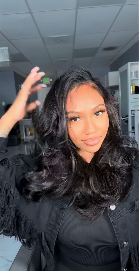 Black Women Side Part Hairstyles, Side Part Sew In Shoulder Length, Middle Part Jet Black Sew In, Hair Appointment Outfit Black Women, Mid Length Hair With Layers Black Women, Side Part Silk Press, Black Hair Extensions, Quick Weave Hairstyles, Protective Hairstyles Braids