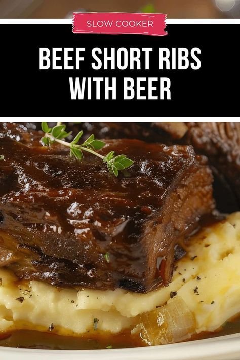 These Slow Cooker Beef Short Ribs are a great barbecue meal for when it's too cold outside to grill. Tender braised ribs are cooked to perfection, then coated in a savory beer sauce. Best Short Ribs, Slow Cooker Beef Short Ribs, Korean Braised Short Ribs, Braised Ribs, Beer Braised Short Ribs, Braised Short Ribs Recipe, Braised Beef Short Ribs, Bbq Short Ribs, Beer Sauce