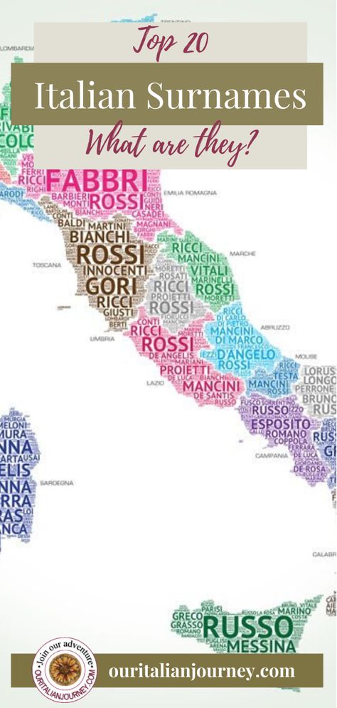 Italian descendant? Here's a bit of family history regarding surnames (last name) and regions in Italy. #family name #discover #top10 #top20 #historical #information #heritage Italian Surnames, Last Names List, Surname List, Last Names For Characters, Italian Girl Names, Fantasy Names, Baby Name List, Name Inspiration, Italian Heritage