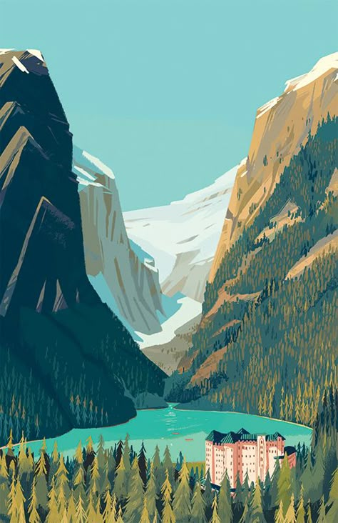 Lake Louise illustration Lake Louise, Art Et Illustration, Landscape Illustration, Environment Concept Art, Environmental Art, 그림 그리기, Animation Art, Landscape Art, Travel Posters