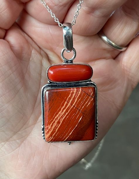 "Natural, Red Coral and natural Red Rainbow Jasper, pendant necklace, set in oxidized, 925 sterling silver plated over copper setting, and 20\" inches long chain. Pendant, Bail Included: 2.25\" x 1.25\" inches." Jewlery Rings, Pendant Bail, Simple Silver Jewelry, Metalwork Jewelry, Jewelry Design Inspiration, Handmade Jewelry Necklace, Bold Jewelry, Jasper Pendant, I Love Jewelry