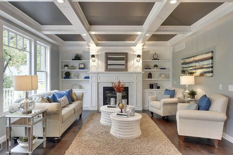 Contemporary living room with box beam ceiling, fireplace, wood flooring and built in bookshelves Ceiling Beams Living Room, Coffered Ceiling Design, Box Beam Ceiling, Craftsman Living Room, Box Ceiling, Beams Living Room, Furniture Office, Living Room Ceiling, Bookshelves Diy