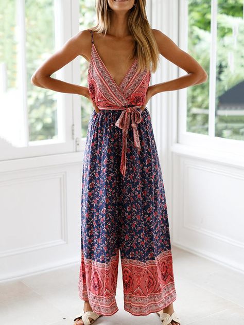 Boho Style Jumpsuit, Bohemian Rompers, Moda Hippie, Look Boho Chic, Mode Hippie, Floral Print Jumpsuit, Stil Boho, Wedding Dress Chiffon, Backless Jumpsuit