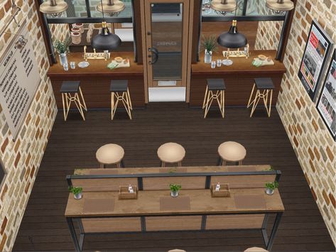 I love how this coffee shop turned out with the gorgeous window passes with stools #thesimsfreeplay #simsfreeplayhouse Sims 4 Coffee Shop Layout, Sims 4 Coffee Shop Cc Maxis Match, Sims4 Coffee Shop, Sims4 Cafe Build, Sims 3 Coffee Shop, Sims Free Play, Casas The Sims 4, Floor Layout, Sims House Design