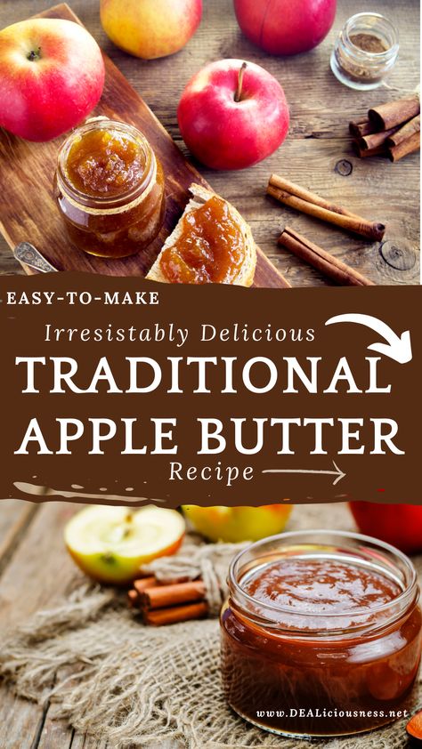 A Quick and Easy Traditional Apple Butter Recipe from DEALiciousness.net! Fall Flavors in Every Spoonful Experience the pure delight of autumn with our mouthwatering Traditional Apple Butter recipe! As the leaves turn vibrant hues and the air carries a comforting chill, indulge in the warm embrace of sweet and tangy apples slow-cooked to perfection. This cherished recipe captures the essence of time-honored traditions, infusing your kitchen with the rich aroma of cinnamon, nutmeg, and cloves. Apple Butter Canned, Southern Apple Butter Recipe, Old Fashion Apple Butter Recipe, Sweet Apple Butter Recipe, Easy Homemade Apple Butter, The Best Apple Butter Recipe, Vanilla Apple Butter, Ball Canning Recipes Apple Butter, Crockpot Apple Butter For Canning