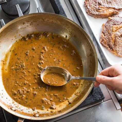 Porcini Mushroom and Marsala Pan Sauce with Rosemary Red Wine Pan Sauce, Sous Vide Pork Chops, Cooks Illustrated Recipes, Cooks Country, Porcini Mushroom, Mushroom Gravy Recipe, Donut Toppings, Pan Seared Steak, Cookie Toppings