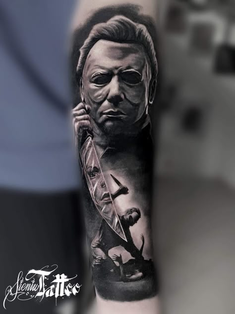 Michael Myers Sleeve Tattoo, Micheal Myers’s Tattoo, Halloween Michael Myers Art, Scary Movie Tattoos Sleeve, Micheal Myers Tattoo Design, Michael Myers Tattoo Design, Horror Movie Tattoos Sleeve, Horror Sleeve Tattoo, Tattoos Dark Art