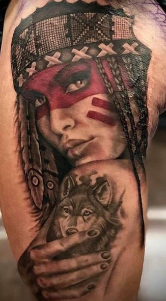 Native American & Indian Tattoos - Meaning & Cool Examples Native American Tattoos Sleeve Men, Cheeroke Indian Tattoos, Native American Woman Tattoo, Apache Indian Tattoo, Yaqui Indian Tattoo, American Indian Tattoos For Men, Choctaw Indian Tattoo, Indian Theme Tattoo, Cherokee Tattoos For Women