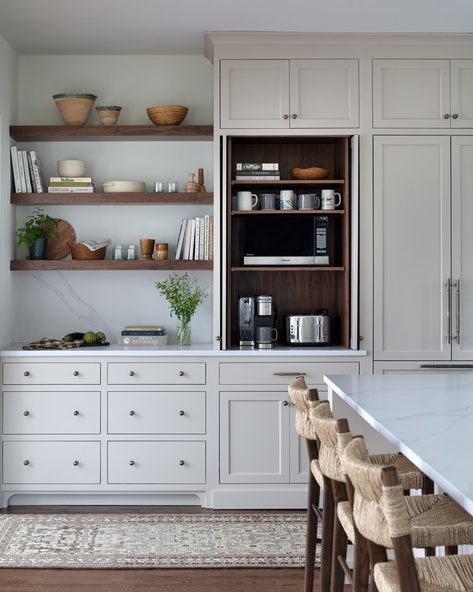 built in coffee bar with coffee mugs, microwave and taster all in 1 cabinet Built In Coffee Bar, Kitchen Coffee Bar Ideas, Coffee Bar Ideas Kitchen Counter, Kitchen Coffee Bar, Coffee Bar Ideas, Kabinet Dapur, Built In Cabinet, Coffee Bars In Kitchen, Coffee Nook